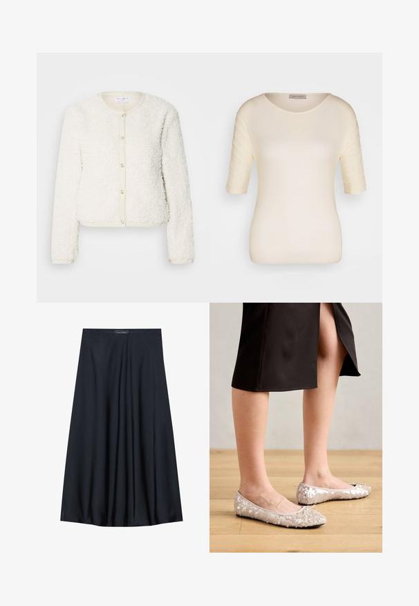 Cardigan blanc en texture duveteuse avec des manches longues, un col rond et une fermeture à boutons à l'avant. Accentué par une bordure beige clair.; Haut à manches courtes de couleur crème en tissu doux, avec un col rond et une texture subtile sur les manches. Étiquette visible au niveau du col.; Jupe noire, arrivant aux genoux, en tissu léger avec un design fluide. Présente une texture lisse et de subtils plis pour un détail supplémentaire.; Ballerines en sequins beiges avec un bout rond, ornées d'un accent nœud, associées à une jupe noire, exposées sur un sol en bois.