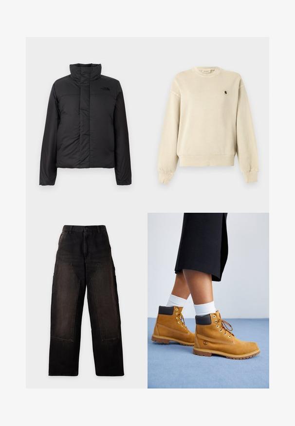 Schwarze, isolierte Daunenjacke mit hohem Kragen, frontalem Reißverschluss und einem Logo auf der Brust. Glatte, matte Oberfläche mit boxy Form.; Beige langärmliges Sweatshirt mit Rundhalsausschnitt, gerippten Bündchen und Saum, mit einem kleinen Carhartt-Logo-Patch auf der linken Brust.; Schwarze Hosen mit weitem Bein, großen aufgesetzten Vordertaschen und Gürtelschlaufen, vor einem schlichten hellen Hintergrund präsentiert.; Sandfarbene Wildlederschuhe mit braunen Lederakzenten, goldenen Ösen und einer strukturierten Sohle. Weiße Socken, die über den Stiefeln sichtbar sind.
