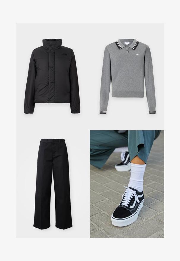 Schwarze, isolierte Daunenjacke mit hohem Kragen, frontalem Reißverschluss und einem Logo auf der Brust. Glatte, matte Oberfläche mit boxy Form.; Grauer langärmeliger Polo-Pullover mit schwarz-weißer gestreifter Kragen und Bündchen, zwei Knöpfen und kleinem "obey"-Logo auf der Brust.; Schwarze, weit geschnittene Hose aus weichem Baumwollstoff. Verfügt über einen klassischen Bund, seitliche Taschen und einen geraden Schnitt bis zum Saum.; Schwarze Wildledersneaker mit weißen Akzenten und Schnürsenkeln, ausgestattet mit einer dicken weißen Sohle und kontrastierenden Nähten, kombiniert mit einer weißen Socke.