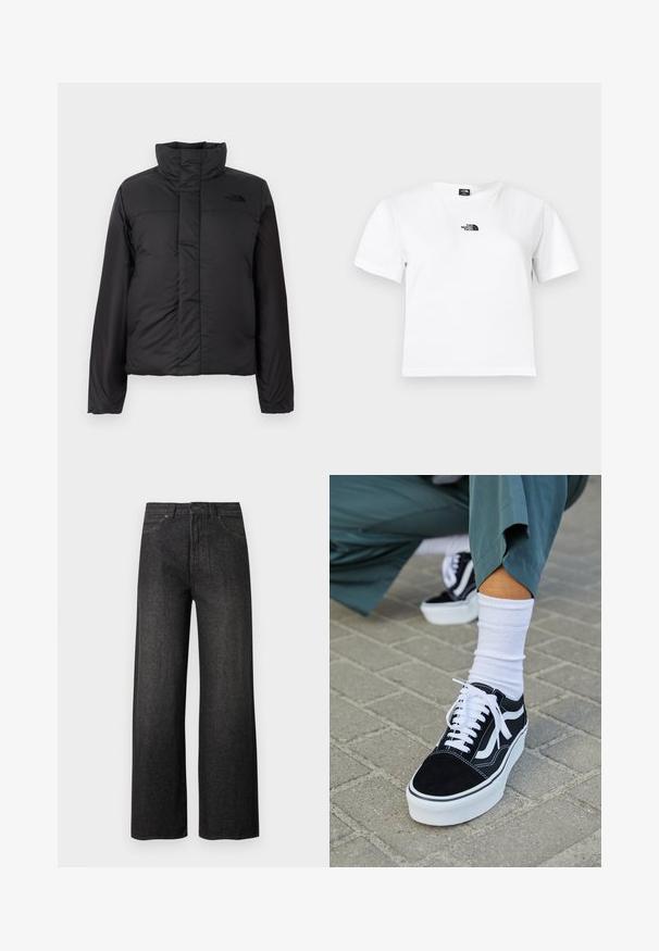 Schwarze, isolierte Daunenjacke mit hohem Kragen, frontalem Reißverschluss und einem Logo auf der Brust. Glatte, matte Oberfläche mit boxy Form.; Weißes Baumwoll-T-Shirt mit kurzen Ärmeln, einem Rundhalsausschnitt und einem schwarzen The North Face-Logo auf der Brust. Einfaches, schmuckloses Design.; Schwarz, hochtaillierte Jeans mit weitem Bein, Vordertaschen, Knopfverschluss und Gürtelschlaufen vor hellem, einfarbigem Hintergrund.; Schwarze Wildledersneaker mit weißen Akzenten und Schnürsenkeln, ausgestattet mit einer dicken weißen Sohle und kontrastierenden Nähten, kombiniert mit einer weißen Socke.