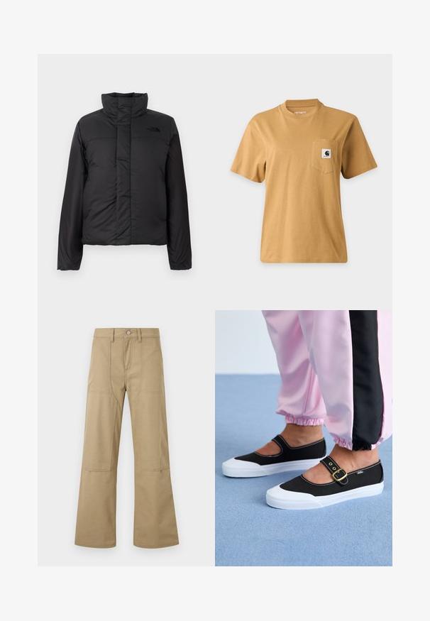 Schwarze, isolierte Daunenjacke mit hohem Kragen, frontalem Reißverschluss und einem Logo auf der Brust. Glatte, matte Oberfläche mit boxy Form.; Schlichtes braunes kurzärmeliges T-Shirt mit einer Brusttasche, die einen quadratischen Markenlogo-Patch zeigt, dargestellt auf einem einfachen hellen Hintergrund.; Beige hoch taillierte Hosen mit weitem Bein, vorderen aufgesetzten Taschen, Gürtelschlaufen und Knopfverschluss. Einfacher, strapazierfähiger Stoff mit sichtbaren Nähten.; Schwarze Leinenschuhe mit einer weißen Sohle, die ein Ausschnittdesign und einen goldenen Schnallenriegel aufweisen. Getragen mit rosa Sporthosen.