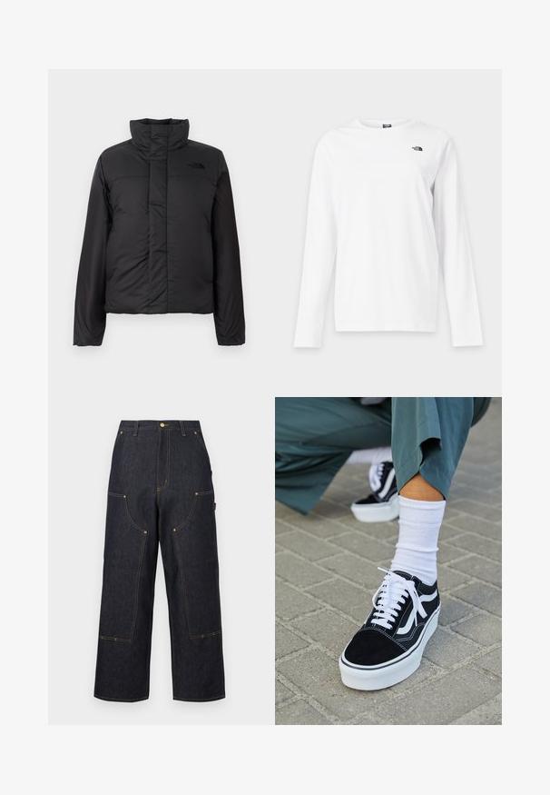 Zwarte geïsoleerde pufferjack met een hoge kraag, ritssluiting aan de voorkant en een logo op de borst. Gladde, matte afwerking met een boxy vorm.; Wit shirt met lange mouwen en ronde hals met klein zwart The North Face-logo op de linkerborst.; Donkerblauwe wijde denim broek met meerdere zakken aan de voorkant, contrasterende oranje stiksels en een knoopsluiting in de taille.; Zwarte suède sneaker met witte accenten en veters, uitgerust met een dikke witte zool en contrasterende stiksels, gecombineerd met een witte sok.
