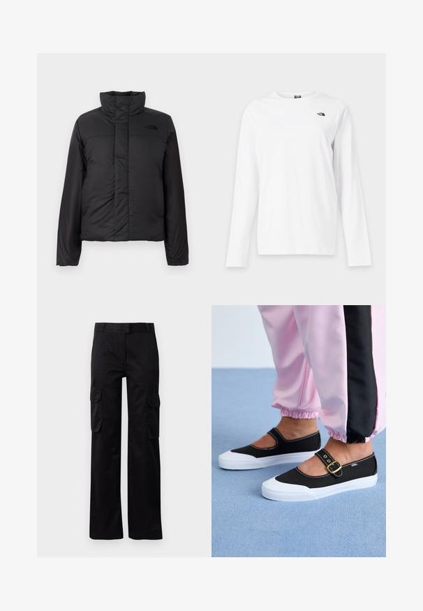 Schwarze, isolierte Daunenjacke mit hohem Kragen, frontalem Reißverschluss und einem Logo auf der Brust. Glatte, matte Oberfläche mit boxy Form.; Weißes Langarmshirt mit Rundhalsausschnitt und kleinem schwarzem The North Face-Logo auf der linken Brust.; Schwarze Cargo-Hosen aus strapazierfähigem Stoff, mit zwei Seitentaschen und geradem Bein Design. Glatte Textur mit klassischer Passform.; Schwarze Leinenschuhe mit einer weißen Sohle, die ein Ausschnittdesign und einen goldenen Schnallenriegel aufweisen. Getragen mit rosa Sporthosen.