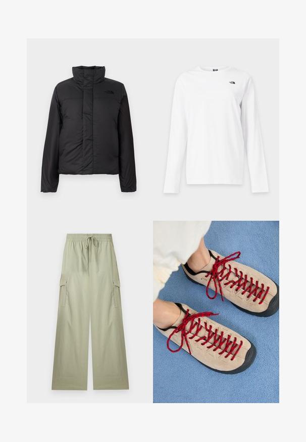 Zwarte geïsoleerde pufferjack met een hoge kraag, ritssluiting aan de voorkant en een logo op de borst. Gladde, matte afwerking met een boxy vorm.; Wit shirt met lange mouwen en ronde hals met klein zwart The North Face-logo op de linkerborst.; Lichtgroene cargo-broek met wijde pijpen, elastische tailleband en trekkoord, met zijflappzakken en een ontspannen pasvorm.; Beige schoenen met rode veters, geplaatst op een blauwe, gestructureerde ondergrond, onthullen gedeeltelijk de enkel van een persoon. De schoenen hebben een sportief ontwerp.