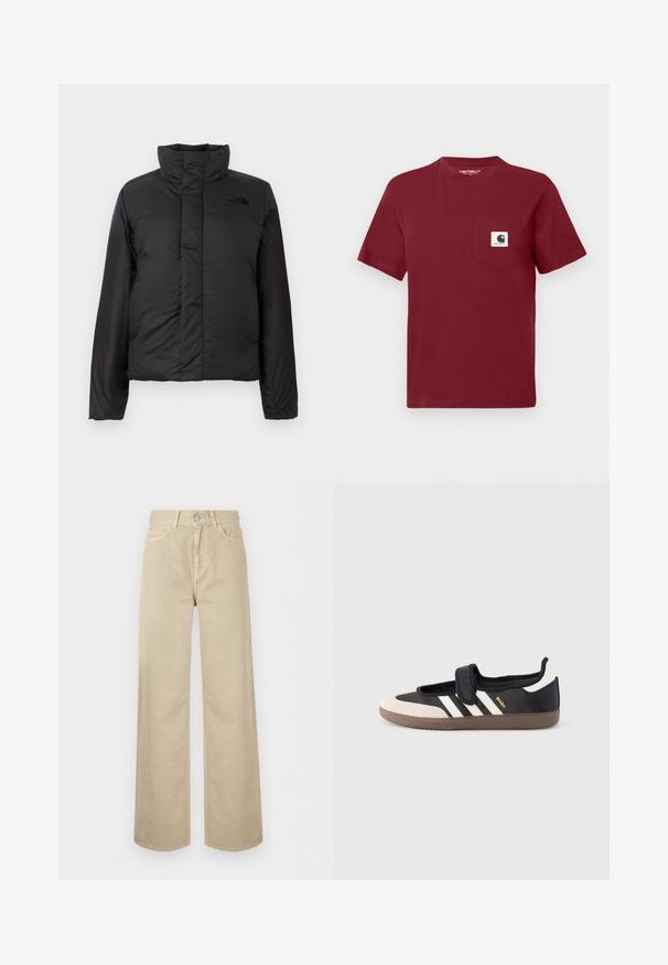 Schwarze, isolierte Daunenjacke mit hohem Kragen, frontalem Reißverschluss und einem Logo auf der Brust. Glatte, matte Oberfläche mit boxy Form.; Rotes T-Shirt mit kurzen Ärmeln aus Baumwolle, ausgestattet mit einer linken Brusttasche und einem weißen Logo-Patch. Mit Rundhalsausschnitt und lässiger Passform.; Beige hoch taillierte, weit geschnittene Hose mit vorderem Knopf, Reißverschluss und seitlichen Taschen, dargestellt auf weißem Hintergrund.; Schwarzer und beiger Sneaker mit Klettverschluss, drei weißen Streifen an der Seite und einer strukturierten braunen Gummisohle. Markenlogo sichtbar.