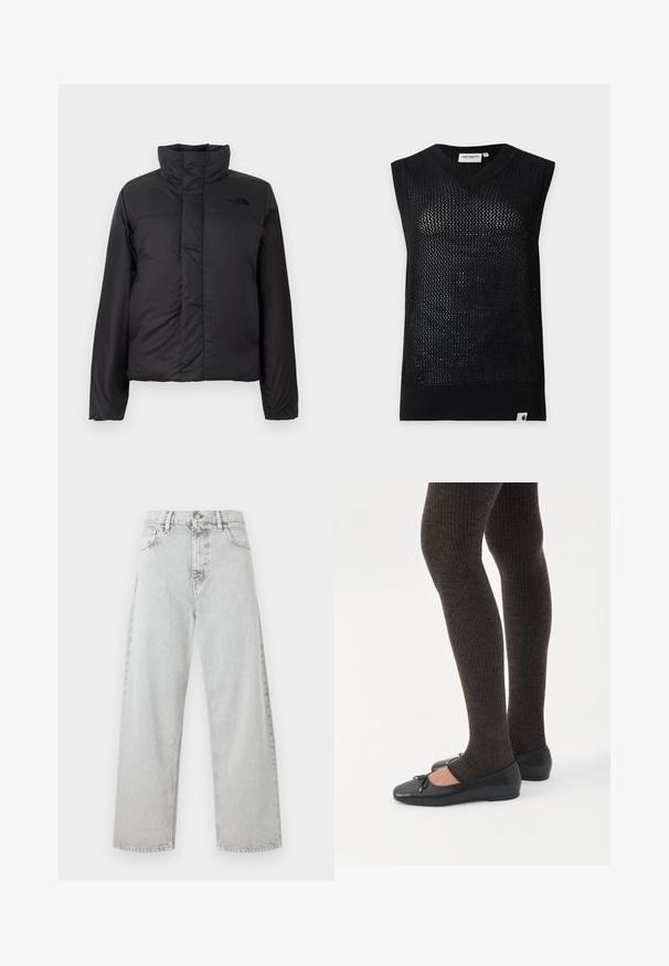 Zwarte geïsoleerde pufferjack met een hoge kraag, ritssluiting aan de voorkant en een logo op de borst. Gladde, matte afwerking met een boxy vorm.; Mouwloos zwart gebreid mesh vest met V-hals en geribde randen, Carhartt label op de kraag en onderzoom, weergegeven op een witte achtergrond.; Lichtgrijze denim jeans met hoge taille, rechte pijpen, voorste knoopsluiting, rits en vijf zakken.; Benen met donkere geribbelde leggings gecombineerd met zwarte ballerina's met kleine strikdetails op een witte achtergrond.
