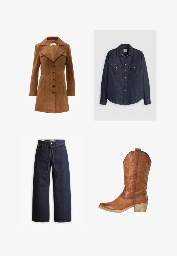 Brun ruskindfrakke med slået krave, forreste knapper og to sidelommer. Har en tilpasset talje og lange ærmer.; Mørkeblå denimskjorte med lange ærmer, knaplukning fortil, to brystlommer med klapper og kontrasterende gule sømme.; Bredde ben mørkeblå denim jeans med høj talje, der har snoretræk, fem lommer og kontrastsyet detaljer.; Brun læder cowboystøvle med dekorative syninger og en træ-stakket hæl, set fra siden på en hvid baggrund.