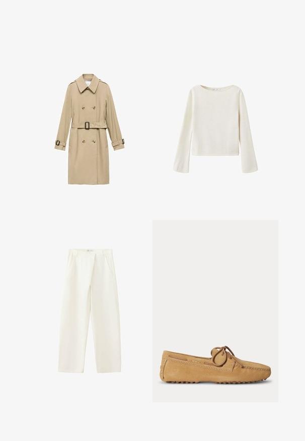 Beige trenchcoat met een dubbelgebreid ontwerp, schouderepauletten, een ceintuur in de taille en knoopaccenten op de manchetten.; Off-white trui met lange mouwen, brede ronde halslijn en licht uitlopende mouwen, gemaakt van zachte gebreide stof.; Witte broek met wijd uitlopende pijpen, plooien aan de voorkant, zijzakken en een tailleband met riemlussen.; Lichtbruine suède loafer met afgeronde neus, een leren veter gebonden in een strik en een rubberen zool met nopjes voor grip.
