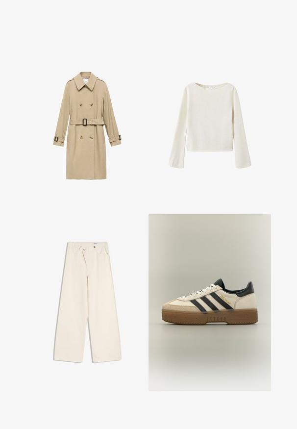 Beige trenchcoat med dobbeltradet design, skulderepauleter, bælte i taljen og knapdetaljer på manchetterne.; Off-white langærmet sweater med bred rund halsudskæring og let udvidede ærmer, lavet af blødt strikket stof.; Off-white bukser med vidde i benene, foranlommer, bærestropper og sølvknapper på linningen og lommekanter.; Hvid Adidas sneaker med sorte striber, beige ruskindstå, brun sål og "SPEZIAL" i guldskrift på siden.