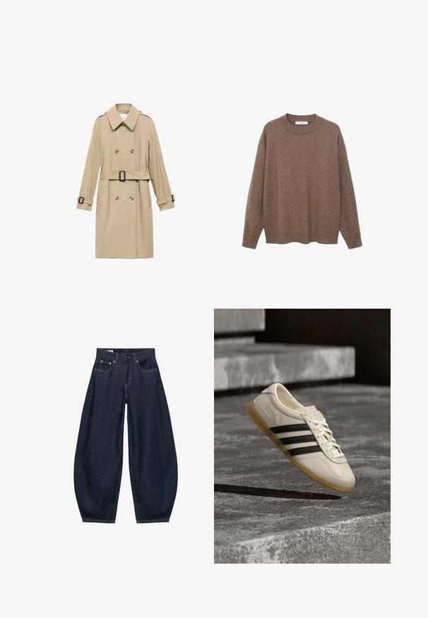 Beige trenchcoat med dobbeltradet design, skulderepauleter, bælte i taljen og knapdetaljer på manchetterne.; Brun strikket sweater med rund halsudskæring og lange ærmer. Den har en afslappet pasform samt ribbede manchetter og søm for ekstra tekstur.; Mørkeblå vidde jeans med frontlommer, bæltestropper og knaplukning i taljen.; Hvid sneaker med sorte striber og gummisål svæver over betontrapper i blødt dagslys.