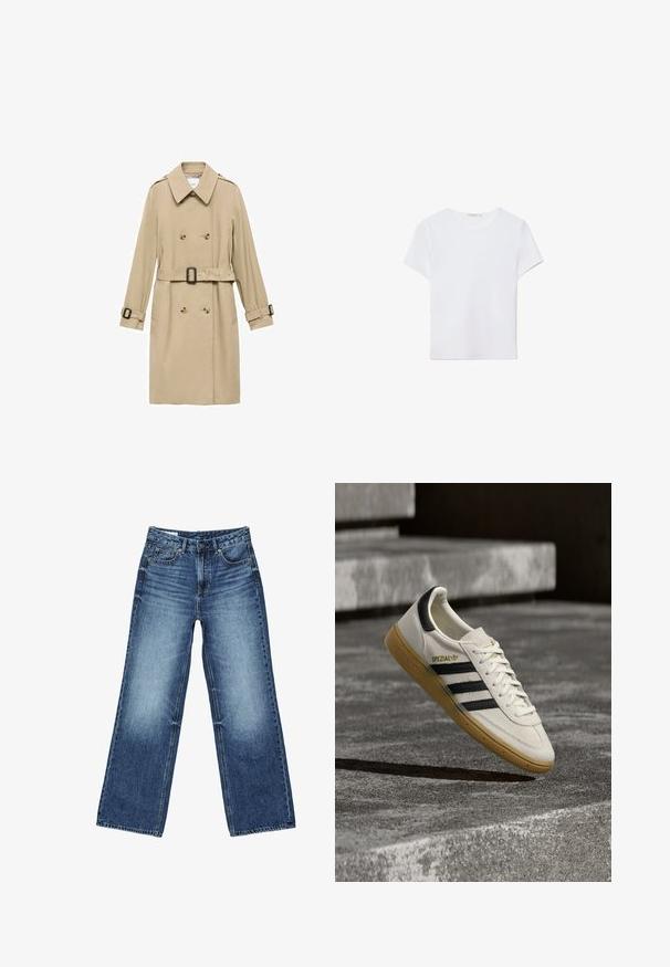 Beige trenchcoat med dobbeltradet design, skulderepauleter, bælte i taljen og knapdetaljer på manchetterne.; Hvid kortærmet t-shirt lavet af blødt stof. Har en rund halsudskæring og et simpelt, rent design med en lige underkant.; Blå denimjeans med falmet vask på lårene, lige bred ben-snit, foran med knap, lynlås og fem-lomme-stil.; Hvid Adidas Spezial sneaker med sorte striber og gummisål, svævende over grå stentrin udendørs.
