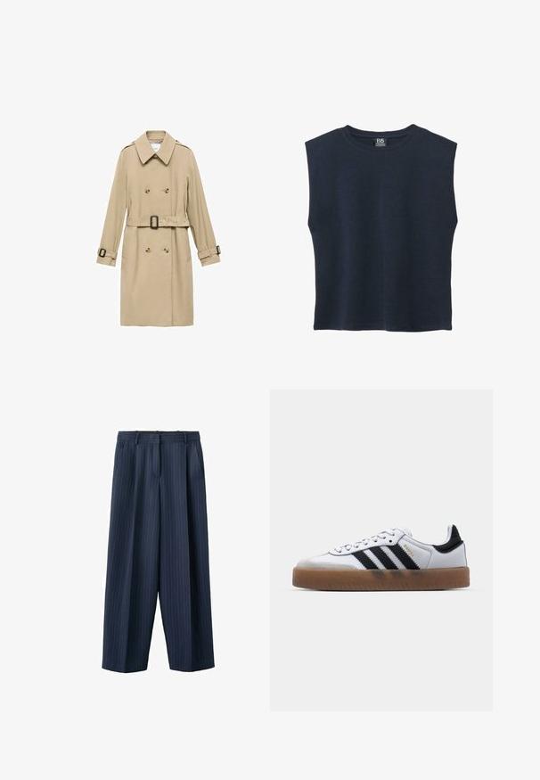 Beige trenchcoat med dobbeltradet design, skulderepauleter, bælte i taljen og knapdetaljer på manchetterne.; Ærmeløs marineblå rundhalset skjorte med lige kant, vist fladt, der viser forsiden og B5-mærkeseddel inde i nakken.; Marineblå vidde ben bukser med nålestriber, bæltestropper og sidelommer, skræddersyet med en forreste presning og lynlås lukning.; Hvide lædersneakers med sorte striber, gummirubber sål, rund tå, snørelukning og blød grå ruskinds tåhætte.