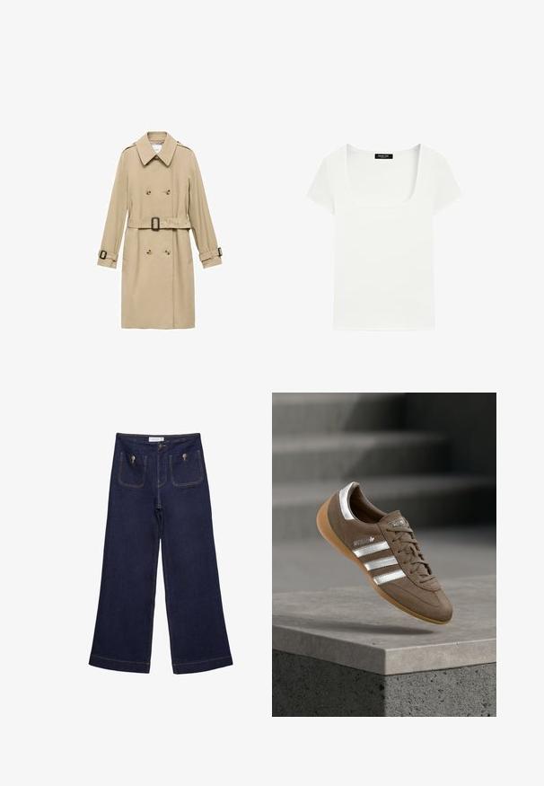 Beige trenchcoat med dobbeltradet design, skulderepauleter, bælte i taljen og knapdetaljer på manchetterne.; Hvid t-shirt med korte ærmer med firkantet halsudskæring og sort mærkat indeni kraven med teksten Massimo Dutti.; Mørkeblå vidde jeansbukser med høj talje, forlommer med metalknapper og synlige syninger.; Brun ruskindssneaker med hvide striber og sølvdetaljer, med tekstureret overdel, snørelukning og gummisål i caramelfarve.