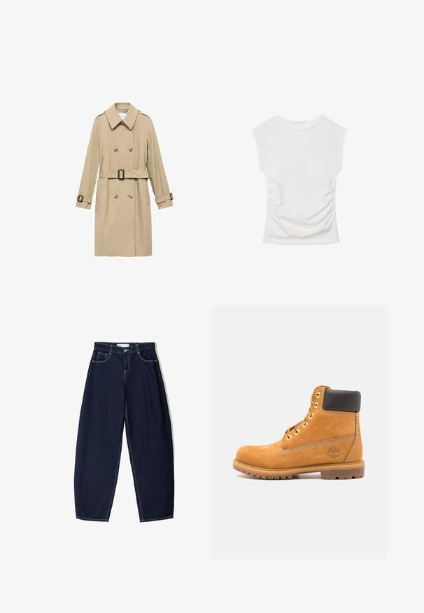 Beige trenchcoat med dobbeltradet design, skulderepauleter, bælte i taljen og knapdetaljer på manchetterne.; Hvid ærmeløs top med rund halsudskæring og diskret sidesamling, vist fladt mod en hvid baggrund.; Mørkeblå denimbukser med løs pasform, der har fem lommer, kontrasterende syninger og lynlåslukning foran.; Brune læder ankelstøvle med sort polstring, gyldne øsken og en tekstureret sål. Har et cirkulært logo på siden og synlige syninger.