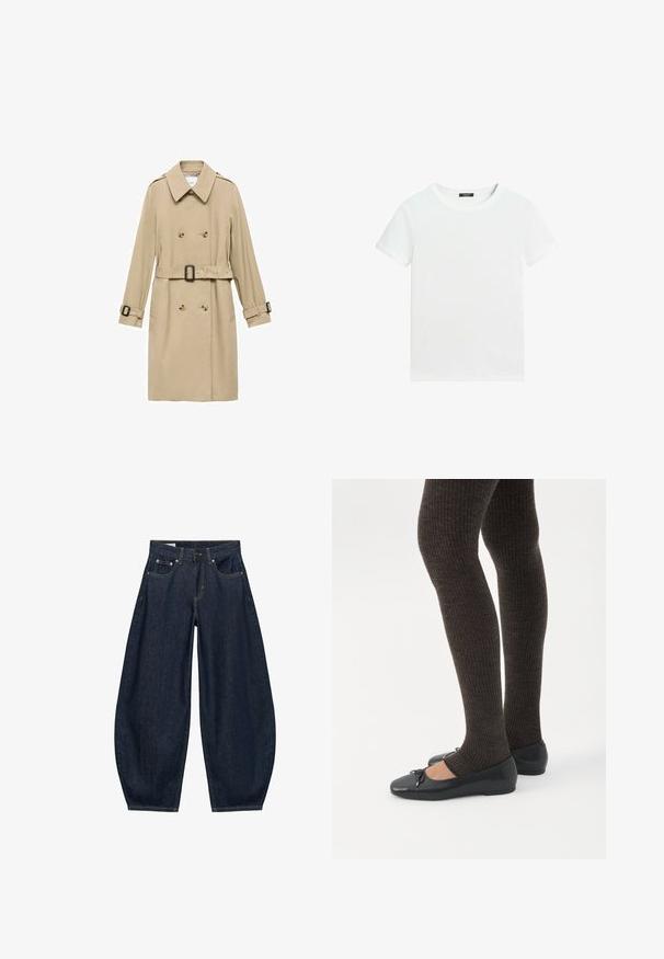 Beige trenchcoat med dobbeltradet design, skulderepauleter, bælte i taljen og knapdetaljer på manchetterne.; Almindelig hvid T-shirt med korte ærmer, rund halsudskæring og lille sort label inden i kraven.; Mørkeblå vidde jeans med frontlommer, bæltestropper og knaplukning i taljen.; Ben iført mørke ribbede leggings kombineret med sorte balletsko med små sløjfedetaljer på hvid baggrund.