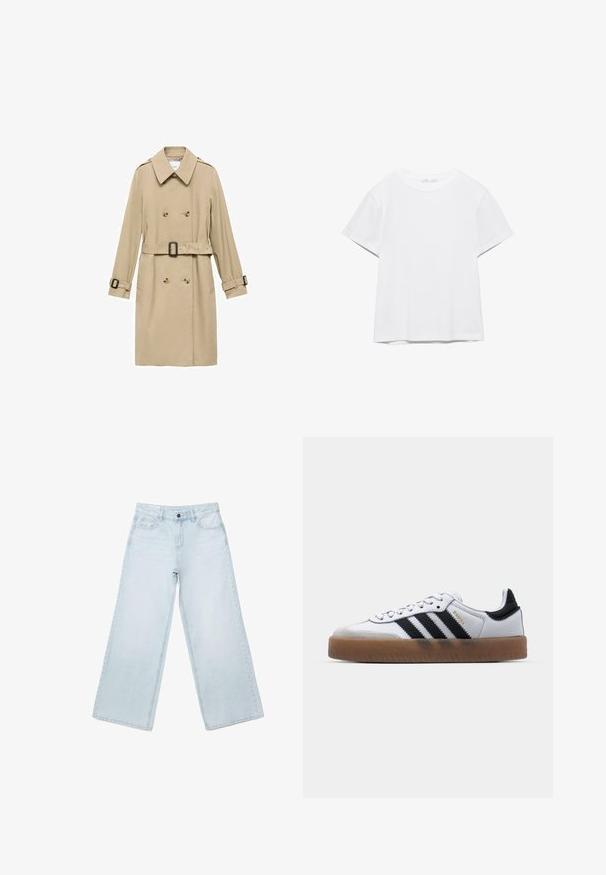 Beige trenchcoat med dobbeltradet design, skulderepauleter, bælte i taljen og knapdetaljer på manchetterne.; Hvid, kortærmet T-shirt med rund hals og lige kant, vist på en hvid baggrund.; Lyseblå viddejeans i denim med forlommer, bæltestropper og knaplukning.; Hvide lædersneakers med sorte striber, gummirubber sål, rund tå, snørelukning og blød grå ruskinds tåhætte.