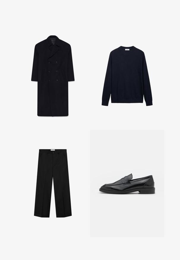Schwarzer Wollmischung Doppelreiher-Mantel mit eingeklapptem Kragen, zwei Fronttaschen und glatter Textur, ausgestattet mit sechs passenden Knöpfen.; Mango MICROSTRUCTURED - Strickpullover - dark blue; Schwarze Hosen mit weitem Bein aus glattem Material, mit Vordertaschen, einem Knopfverschluss und einer Bügelfalte an jedem Bein.; Schwarze Lederloafers mit glatter Oberfläche, runder Spitze und schmalem Riemen über dem Obermaterial. Niedriger, gestapelter Absatz.