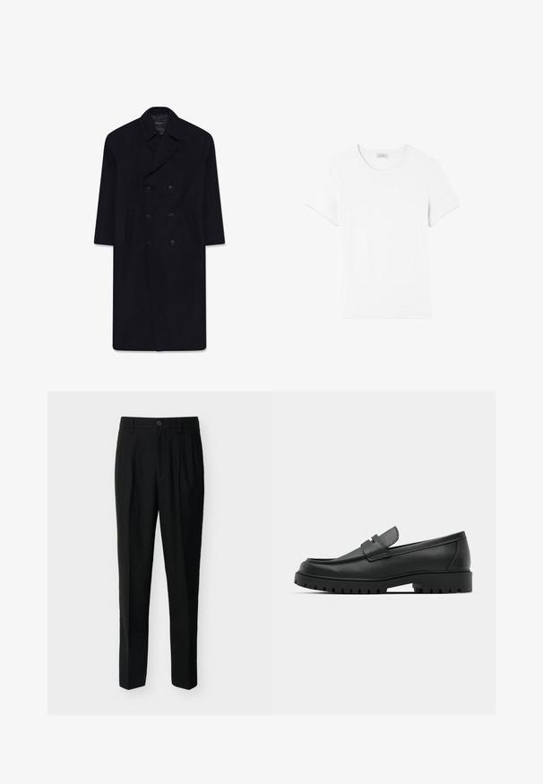Sort uldblanding dobbeltradet frakke med slagkrave, to forlommer og en glat tekstur, der har seks matchende knapper.; American Vintage GAMIPY - T-shirts basic - blanc; Sorte, skræddersyede bukser med høj talje, bæltestropper, forreste læg, sidelommer samt knap- og lynlåslukning.; Sorte læder loafers med rund tå, der har et syet design, lav platformssål og en struktureret, skridsikker gummisål.