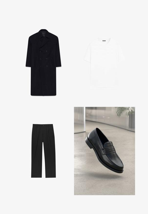 Schwarzer Wollmischung Doppelreiher-Mantel mit eingeklapptem Kragen, zwei Fronttaschen und glatter Textur, ausgestattet mit sechs passenden Knöpfen.; Schlichtes weißes T-Shirt mit kurzen Ärmeln und Rundhalsausschnitt, mit einem kleinen schwarzen Etikett am Halsausschnitt vor weißem Hintergrund.; Schwarze Hose mit geradem Schnitt, aus einem glatten Stoff gefertigt. Verfügt über Vorderfalten und einen einzelnen Knopfverschluss an der Taille.; Schwarzer Lederloafer mit glatter Textur, spitzer Zehe und einem dekorativen Riemen über dem Rist. Leichte Sohle, minimalistisches Design.