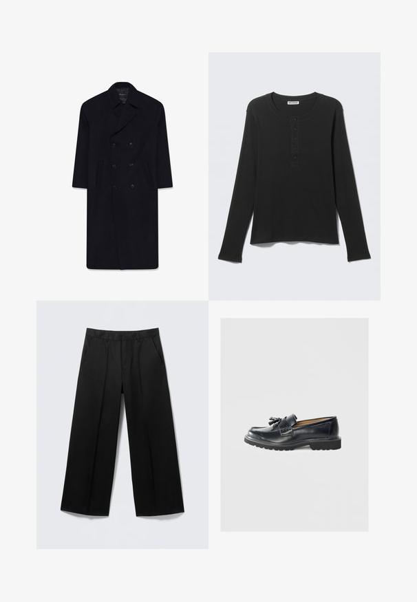 Sort uldblanding dobbeltradet frakke med slagkrave, to forlommer og en glat tekstur, der har seks matchende knapper.; Sort langærmet henley-shirt med rund halsudskæring og fem-knaps lynlås, vist fladt med mærke, der siger Weekday.; Sorte vidde-bukser med bæltestropper, forlommer og lynlås foran, vist på en lysegrå baggrund.; Sorte læder loafers med en udtalt flad sål, syede detaljer, frynse dekoration og en glat overflade.