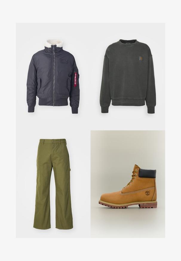 Veste bomber noire isolée avec un col en fausse fourrure, fermeture éclair à l'avant, poches latérales, poignets côtelés et une étiquette en tissu rouge sur la manche.; Carhartt WIP NELSON - Sweatshirt - black garment dyed; Pantalons larges vert olive en tissu durable, dotés d'une fermeture à bouton, de poches latérales et d'un design à ourlet droit.; Bottine en cuir marron avec col noir, lacets jaunes et semelle beige. Présente un logo et des détails de couture blanche. Semelle extérieure à traction robuste.