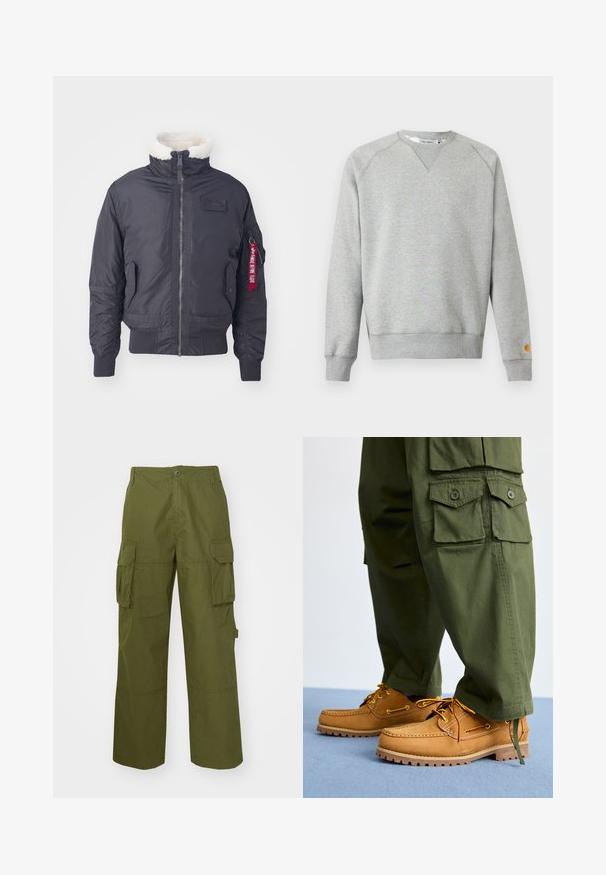 Must musta bomber-jakk musta kunstkarusnahaga kraega, ees lukuga, küljetaskutega, ribadega mansettidega ja punase kangast sildiga varrukal.; Helehall hall crewneck-tüüpne dressipluus pikkade varrukate ja soonikkoes mansettidega ning väike logoga tahvel vasaku varruka mansetil.; Olivrohelised cargo püksid, mis on valmistatud vastupidavast kangast, sisaldavad kahte külgtaskut, on lõdva lõikega ning nupuga kinnitatavad vöökoht.; Timberland AUTHENTIC 3 EYE - Purjetamiskingad - wheat