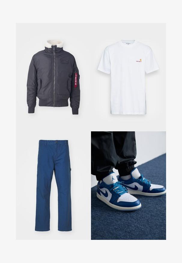Veste bomber noire isolée avec un col en fausse fourrure, fermeture éclair à l'avant, poches latérales, poignets côtelés et une étiquette en tissu rouge sur la manche.; T-shirt en coton blanc à manches courtes. Doté d'un petit logo orange et bordeaux sur la poitrine gauche. Présente un col rond classique.; Pantalon en toile de coton bleu avec une coupe droite, doté d'une fermeture à bouton et de poches latérales. Texture lisse, sans motifs ou accents visibles.; Les baskets Nike Air Jordan présentent une base en cuir blanc avec des accents en synthétique bleu, une boîte à orteils perforée et des lacets bleus.