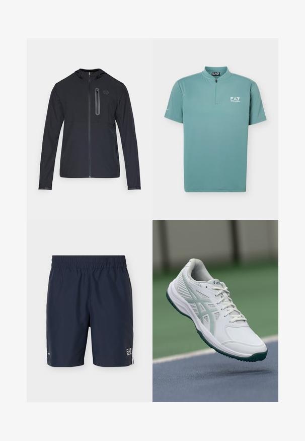 Chaqueta ligera negra con capucha, cierre frontal completo y bolsillo con cremallera vertical en el lado izquierdo del pecho, que presenta un pequeño logo circular.; Camiseta deportiva de manga corta color teal claro con cremallera de un cuarto y logo blanco de EA7 Emporio Armani en el pecho izquierdo y la manga.; Pantalones cortos deportivos para hombre en azul marino con cintura elástica y logo blanco en el dobladillo izquierdo, mostrados sobre un fondo claro y liso.; Zapatilla deportiva blanca con acentos en azul claro, parte superior sintética texturizada, cierre de cordones estándar y suela de goma, diseñada para deportes de cancha.