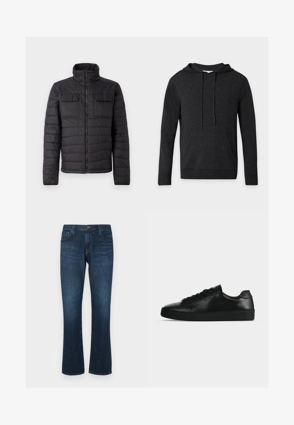 Veste isolante noire avec un col montant, fermeture éclair à l'avant et deux poches poitrine. Présente un design matelassé et une texture lisse.; Sweat à capuche gris foncé à manches longues avec cordons et poche kangourou à l'avant, présenté sur un fond clair uni.; Jean en denim bleu foncé avec une coupe droite, cinq poches et une fermeture à bouton en métal. Texture lisse avec un léger dégradé.; Basket basse en cuir noir avec lacets noirs et semelle épaisse noire, vue de profil sur fond gris clair.