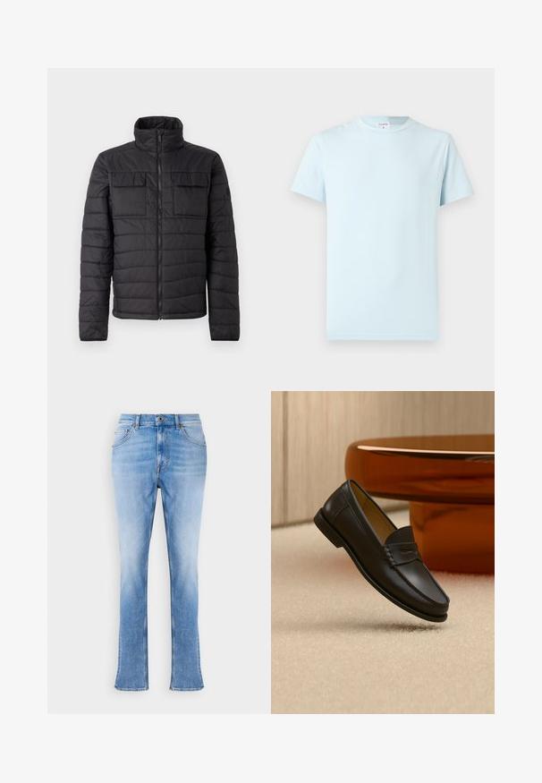 Veste isolante noire avec un col montant, fermeture éclair à l'avant et deux poches poitrine. Présente un design matelassé et une texture lisse.; T-shirt bleu clair à manches courtes en coton doux. Il présente un col rond classique et un design minimaliste, sans motifs ni accents.; Jeans en denim bleu clair avec une coupe droite et des chevilles légèrement évasées. Présente un design classique à cinq poches et une fermeture à bouton en laiton.; Chaussure mocassin en cuir noir suspendue au-dessus d’un tapis beige avec du mobilier moderne couleur ambre en arrière-plan.