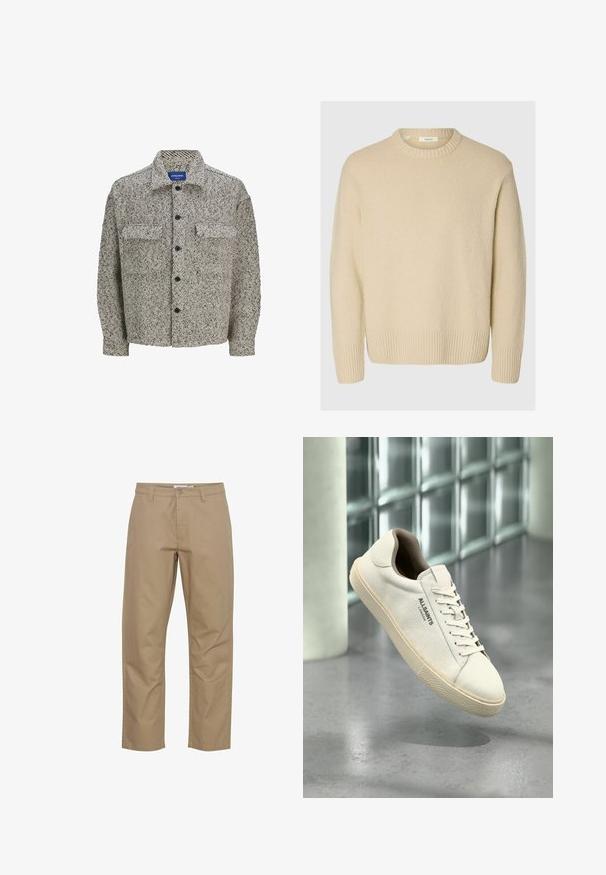 Textureret skjortejakke i brun og kremfarvet mønster med klassisk krave, knaplukning og to frontlommer. Har lange ærmer.; Cremefarvet sweater lavet af tekstureret stof. Har en ribbet rund halsudskæring og ribbede mansjetter, med en afslappet pasform og lange ærmer.; Beige bomuldsbukser med lige ben-design, der har en frontknap og lynlås lukning, sidelommer og et rent finish.; Hvid lærreds-sneaker med beige sål og snørebånd, "AllSaints London" logo på siden, svævende over en grå poleret gulv nær glasblokke.