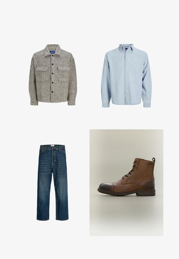 Textureret skjortejakke i brun og kremfarvet mønster med klassisk krave, knaplukning og to frontlommer. Har lange ærmer.; Lyseblå skjorte med knapper lavet af blødt denimstof. Har krave, lange ærmer og lige kant. Fem knapper foran.; Denim jeans i en mørkeblå vask med lige ben pasform. Funktioner inkluderer en knaplukning, bæltesløjfer og syning accenter.; Brun læderstøvle med snørebånd, sort tåhætte, rund sål og mærket detalje på siden mod ensfarvet baggrund.