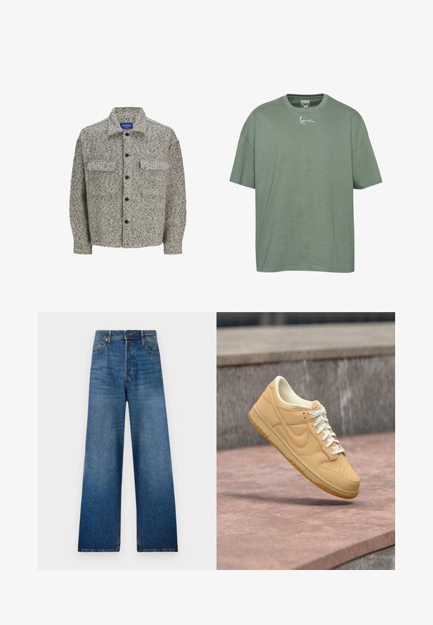 Textureret skjortejakke i brun og kremfarvet mønster med klassisk krave, knaplukning og to frontlommer. Har lange ærmer.; Grøn bomulds t-shirt med afslappet pasform, ribbet rund hals og korte ærmer. Har hvid broderet tekst på brystet.; Bredde jeans i blå denim med høj talje, der har lynlås og fem lommer samt subtil falmning. Syede detaljer langs sømmene.; Tan Nike lavtop-sneaker med hvide snørebånd og gummisål, der svæver over en stens overflade og en betonbaggrund.