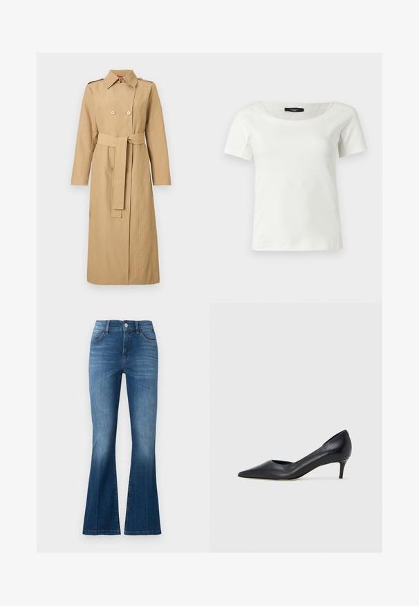 Longue trench-coat beige avec boutons croisés, taille cintrée par une ceinture, épaulettes et col classique sur un fond uni.; Haut blanc en coton à manches courtes pour femmes avec un large col rond sur un fond clair uni.; Jeans flare en denim bleu avec bouton sur le devant, fermeture éclair et design cinq poches, présentant une légère décoloration sur les cuisses et les genoux.; Escarpin en cuir noir avec un bout pointu et un talon bas. Présente une texture lisse et un éclat subtil. Découpe ouverte à l'avant pour un détail supplémentaire.