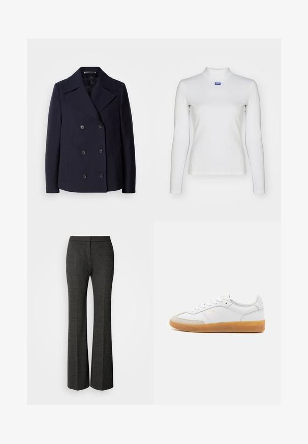 Navy wol pea coat met een dubbele rij knopen, grote gelapende revers, zwarte knopen en zijzakken. Gladde textuur en taillerende pasvorm.; Witte lange mouw turtleneck top van rekbare stof, met een strakke pasvorm en een klein blauw logo op de borst.; Grijze flared broek gemaakt van textuurstof. Kenmerkt zich door een vlakke voorkant, een tailor-made silhouet en een subtiel visgraatpatroon overal.; Witte leren sneaker met beige suède accenten, gumrubberen zool en vetersluiting. Heeft subtiele branding in goud.