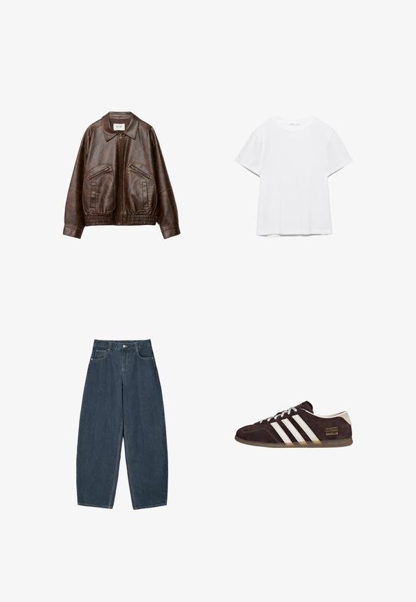 Veste bomber en fausse cuir marron avec une fermeture éclair sur le devant, deux poches zippées en angle, un large col et une taille élastique froncée.; T-shirt blanc uni à manches courtes et col rond, avec un ourlet droit, présenté sur un fond blanc.; Jeans en denim bleu foncé à jambes larges avec une taille haute, dotés de cinq poches et de détails de couture visibles. Design épuré et minimal.; Baskets en suède marron avec trois bandes blanches, semelle en caoutchouc, et étiquette avec le texte "Gazelle" en or. Fermeture à lacets avec lacets gris.