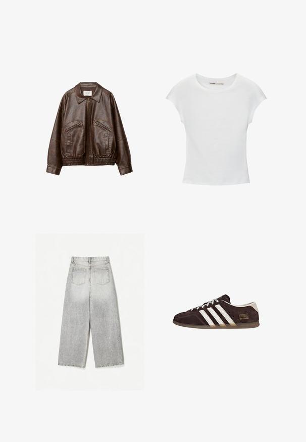 Veste bomber en fausse cuir marron avec une fermeture éclair sur le devant, deux poches zippées en angle, un large col et une taille élastique froncée.; T-shirt en coton blanc avec manches courtes retroussées, encolure ronde et ourlet droit. Texture lisse sans motifs ni accents visibles.; Jean en denim gris à jambes larges avec une finition délavée, présentant deux poches arrière et un ourlet brut.; Baskets en suède marron avec trois bandes blanches, semelle en caoutchouc, et étiquette avec le texte "Gazelle" en or. Fermeture à lacets avec lacets gris.