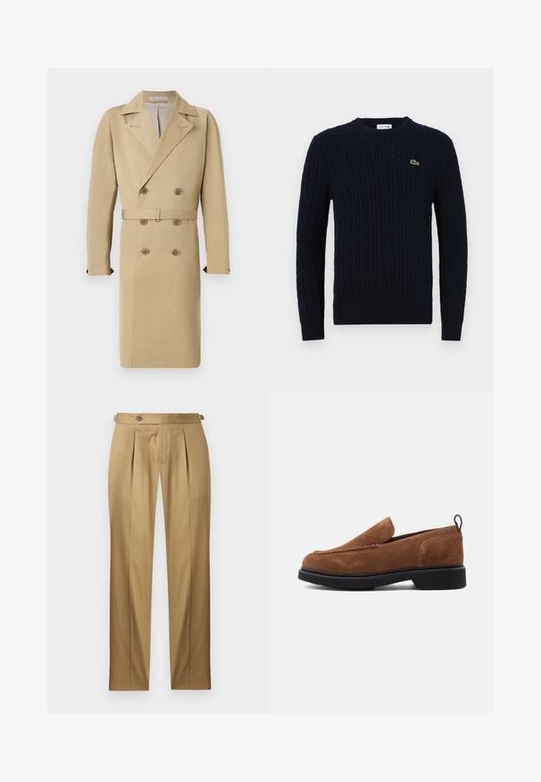 Kreemikas topelt-rinnaga trench-kurta, millel on vööga talje, sälk-lapels ja nööp-detailid, valmistatud siledast, kergekaalulisest kangast.; Tumesinine kudumipusa, millel on nöörkiri, ümar kaelus, ribakäised ja -äär, ning rinnal väike roheline krokodilli logo.; Beežid püksid sirge lõikega, millel on voldid, nööpkinnitus ja vööaasad. Sile kangas puhta ja viimistletud väljanägemisega.; Pruun sametist libisemisega kingad ümmarguse varbaga, musta kummist tald ja väike konts. Omandab dekoratiivne õmblus peal.