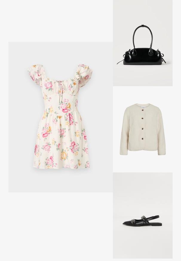 Chaqueta de forro polar en color beige claro, con un cuello redondo, cuatro botones marrones y mangas largas con un acabado texturizado suave.; Vestido floral de tela crema, con flores rosas y amarillas, mangas cortas abullonadas, cuerpo fruncido y diseño de falda acampanada.; Even&Odd by Zalando Bailarinas con tira trasera - black; Pequeño bolso negro brillante con dos asas largas y detalles de cordón lateral sobre un fondo claro liso.