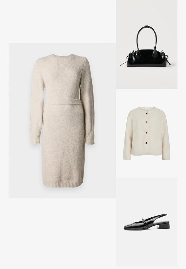 Chaqueta de forro polar en color beige claro, con un cuello redondo, cuatro botones marrones y mangas largas con un acabado texturizado suave.; Vestido de punto beige con mangas largas, escote redondo y acabado texturizado. Cintura ajustada con una banda de acento, dobladillo a la altura de la rodilla.; Zapato slingback de charol negro con tacón bajo y grueso y una fina correa con hebilla de plata en la parte superior.; Pequeño bolso negro brillante con dos asas largas y detalles de cordón lateral sobre un fondo claro liso.