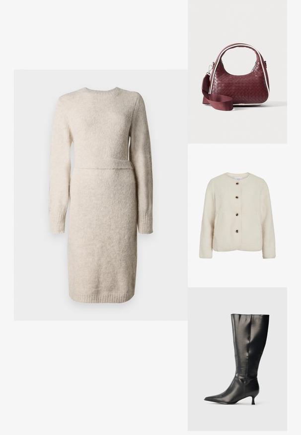 Chaqueta de forro polar en color beige claro, con un cuello redondo, cuatro botones marrones y mangas largas con un acabado texturizado suave.; Vestido de punto beige con mangas largas, escote redondo y acabado texturizado. Cintura ajustada con una banda de acento, dobladillo a la altura de la rodilla.; Bota negra de cuero hasta la rodilla, con punta afilada y tacón bajo tipo kitten, mostrada sobre un fondo claro y sencillo.; Bolso de mano de cuero tejido color granate con asa curva, ribete blanco, cremallera plateada y correa desmontable de tela ancha para el hombro sobre fondo liso.