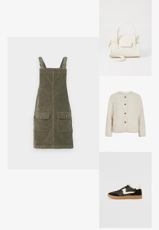 Fleece bunda v off-white farbe s okrúhlym výstrihom, štyrmi hnedými gombíkmi a dlhými rukávmi s jemnou textúrovanou úpravou.; Olive zelené kordurové šaty na traky s nastaviteľnými š straps, dvoma prednými vreckami a priamym strihom. Textúrovaná látka.; Čierne semišové a kožené tenisky s krémovým bočným prešívaním a svetlo krémovou pätou. Obsahujú béžové šnúrky a podošvu z gumeného kaučuku.; Malá biela kabelka s dvojitými rúčkami, prednou klopou a odnímateľným ramenným popruhom so zlatou prackou na bielom pozadí.