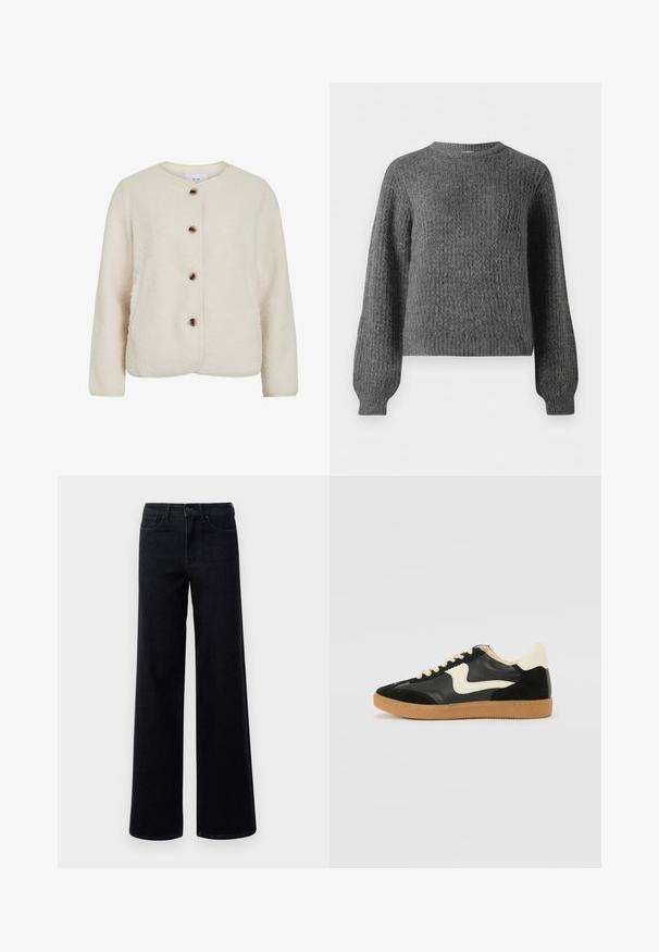 Fleecejack in off-white, met een ronde halslijn, vier bruine knopen en lange mouwen met een zachte, gestructureerde afwerking.; Grijze, gestructureerde gebreide trui met een ronde halslijn en lange mouwen; heeft een subtiel patroon en een ontspannen pasvorm bij de heupen.; Brede zwarte denim jeans met een hoge taille, voorzien van standaardzakken en een knoopsluiting. Glad textuur met lichte stretch.; Zwarte suède en leren sneaker met een crèmekleurige zij-swoosh en lichte crèmekleurige hiel. Voorzien van beige veters en een gumrubberen zool.