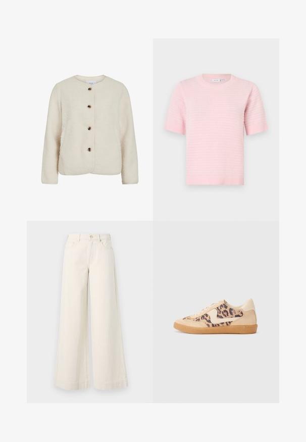 Chaqueta de forro polar en color beige claro, con un cuello redondo, cuatro botones marrones y mangas largas con un acabado texturizado suave.; Top rosado claro de punto con mangas cortas, escote redondo y ribete acanalado. Presenta un patrón texturizado en toda la tela.; Pantalones de mezclilla de pierna ancha en un tono beige claro, con cintura alta, dos bolsillos frontales, cierre de botón y un sutil detalle de costura.; Zapatillas de leopardo con parte superior de ante beige, suela de goma marrón y acentos blancos. Punta redonda y diseño con cordones con un acabado texturado.