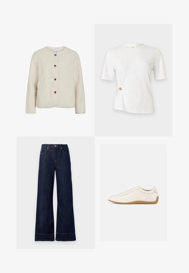 Chaqueta de forro polar en color beige claro, con un cuello redondo, cuatro botones marrones y mangas largas con un acabado texturizado suave.; Camiseta blanca de tela suave, con mangas cortas y un diseño retorcido en la cintura con un detalle circular dorado.; Jeans rectos de mezclilla color azul oscuro. Presentan un cierre de botón, detalles de costura y bolsillos laterales. Dobladillo acampanado.; Zapatilla deportiva de cuero blanco con textura suave, punta redondeada y costuras tono sobre tono. Cuenta con una suela de goma color cuero y cierre de cordones.