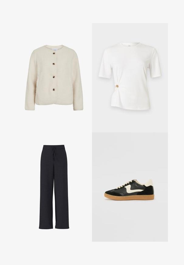 Chaqueta de forro polar en color beige claro, con un cuello redondo, cuatro botones marrones y mangas largas con un acabado texturizado suave.; Camiseta blanca de tela suave, con mangas cortas y un diseño retorcido en la cintura con un detalle circular dorado.; Pantalones de pierna ancha de color gris oscuro con tela texturizada, con una cintura elástica y cordón ajustable para un ajuste cómodo.; Zapatillas de deporte de ante y cuero negro con un swoosh lateral en crema y un talón en crema claro. Presenta cordones beige y una suela de goma marrón.