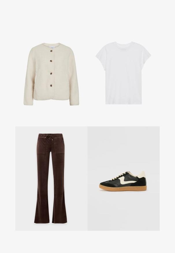 Chaqueta de forro polar en color beige claro, con un cuello redondo, cuatro botones marrones y mangas largas con un acabado texturizado suave.; Camiseta blanca de manga corta con cuello redondo, corte relajado, hecha de suave tela de algodón. Textura lisa, sin estampados ni logotipos.; Pantalones de terciopelo marrón oscuro con cintura con cordón, dos bolsillos delanteros de parche y piernas ligeramente acampanadas sobre un fondo liso.; Zapatillas de deporte de ante y cuero negro con un swoosh lateral en crema y un talón en crema claro. Presenta cordones beige y una suela de goma marrón.