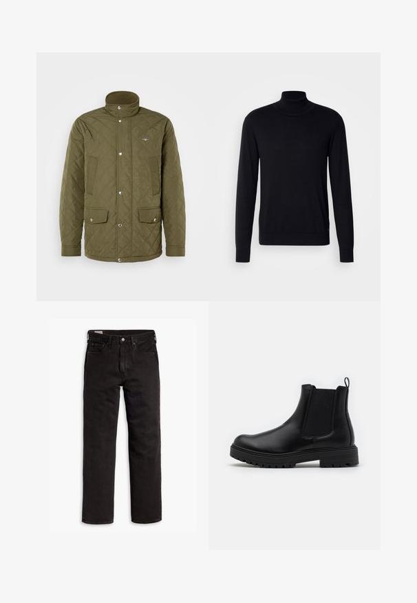 Veste matelassée vert olive avec un col haut, des boutons-pression et deux poches à l'avant. Le tissu a une texture lisse avec un motif de piquage en losanges.; Pull à col montant noir en tissu doux. Doté de manches longues, d'un col et de poignets côtelés, avec une texture lisse et sans motifs.; Jean en denim noir à jambes droites avec cinq poches, fermeture à bouton et passants de ceinture, posés à plat sur un fond blanc.; Zign by Zalando LEATHER - Bottines - black