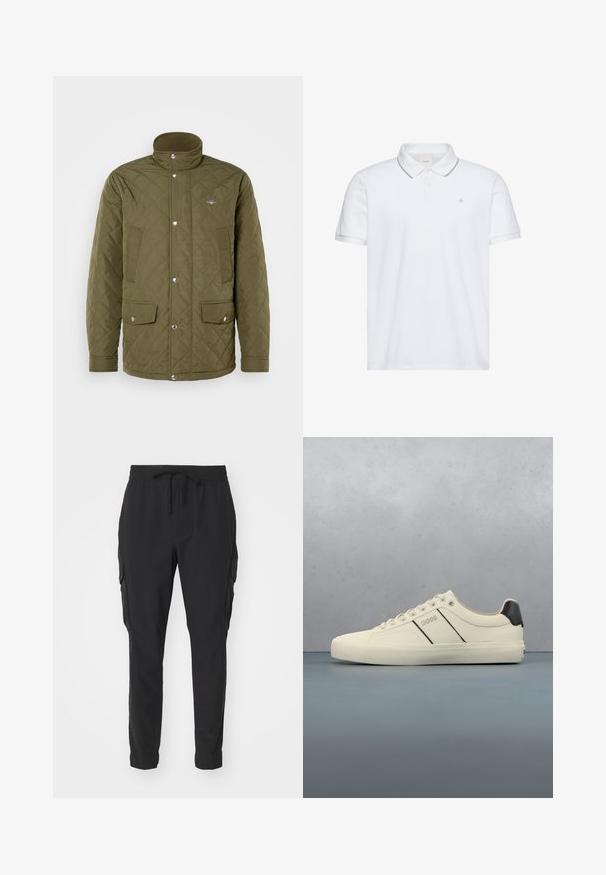 Veste matelassée vert olive avec un col haut, des boutons-pression et deux poches à l'avant. Le tissu a une texture lisse avec un motif de piquage en losanges.; Polo blanc à manches courtes avec une patte de boutonnage à deux boutons, bordure grise au col et aux poignets, et petit logo "ck" brodé sur la poitrine.; Pantalons cargo noirs en tissu léger. Taille élastique avec cordon de serrage. Design à jambe fuselée et poches latérales. Texture lisse.; Baskets de couleur crème avec une texture lisse, dotées d'accents et de marquage noirs. Design classique à lacets avec un bout rond et une semelle en caoutchouc.