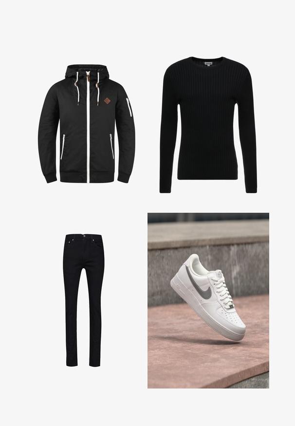 Veste noire légère avec fermeture éclair à l'avant, capuche ajustable, accents blancs, poches latérales et écusson en cuir marron.; Pull noir à manches longues en côte avec un col rond ; le tissu texturé présente des lignes verticales ; silhouette ajustée ; sans embellissements ni accents visibles.; Jean noir en denim, avec une coupe droite, cinq poches, des boutons en métal, et une seule poche arrière avec un détail de couture.; Baskets blanches Nike Air Force 1 avec logo swoosh gris flottant au-dessus d'une surface en pierre et un mur en pierre gris en arrière-plan.